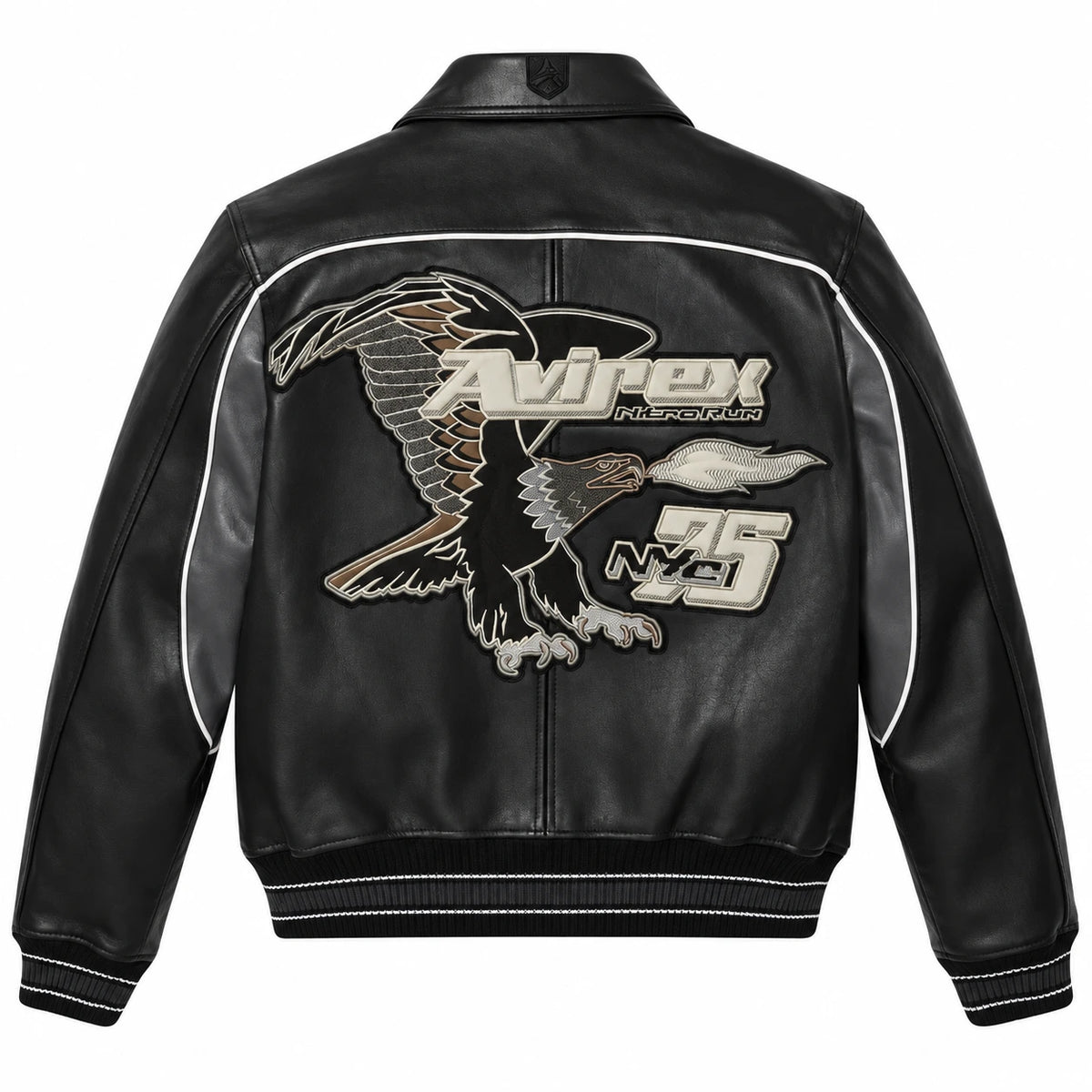 Back view of Avirex men’s black Nitro Run leather bomber with large eagle graphic, N35 NYC lettering and white piping