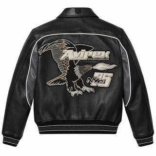 Back view of Avirex men’s black Nitro Run leather bomber with large eagle graphic, N35 NYC lettering and white piping