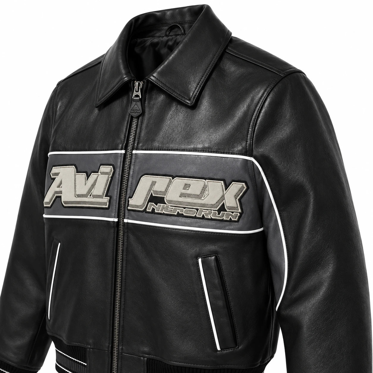 Three-quarter front view of Avirex Nitro Run black leather jacket showing grey logo panel, white piping and vertical pockets