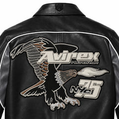 Close-up back detail of black Avirex Nitro Run leather jacket showing embroidered-style eagle, logo and N35 NYC artwork