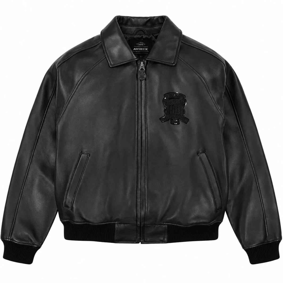 Front view of Avirex men’s black tonal leather bomber jacket with fold-down collar, full zipper and angled pockets