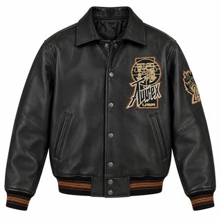 Front view of Avirex black Twin Dragon leather varsity jacket with chest graphic, number 24 sleeve patch and snap closure