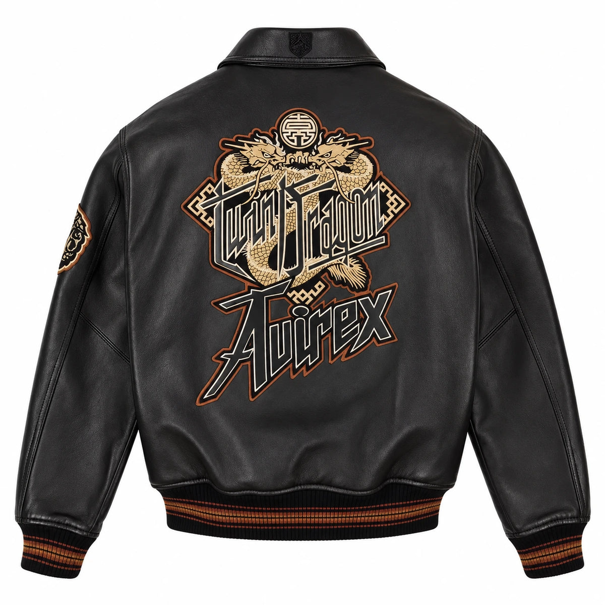Full rear view of Avirex black leather bomber with large gold Twin Dragon graphic and brown striped rib-knit waistband