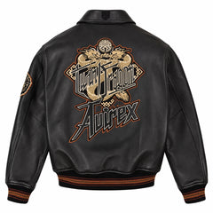 Full rear view of Avirex black leather bomber with large gold Twin Dragon graphic and brown striped rib-knit waistband