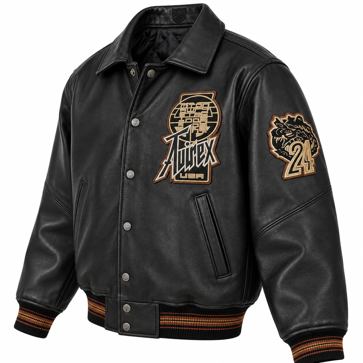 Avirex men’s black Twin Dragon leather bomber three-quarter front view with snap buttons, gold graphics and striped rib trims