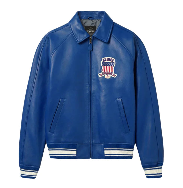 Avirex men’s blue Icon leather bomber jacket front view with chest shield patch, zip closure and striped rib-knit trims