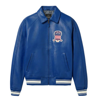 Avirex men’s blue Icon leather bomber jacket front view with chest shield patch, zip closure and striped rib-knit trims