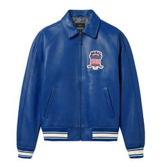Avirex men’s blue Icon leather bomber jacket front view with chest shield patch, zip closure and striped rib-knit trims