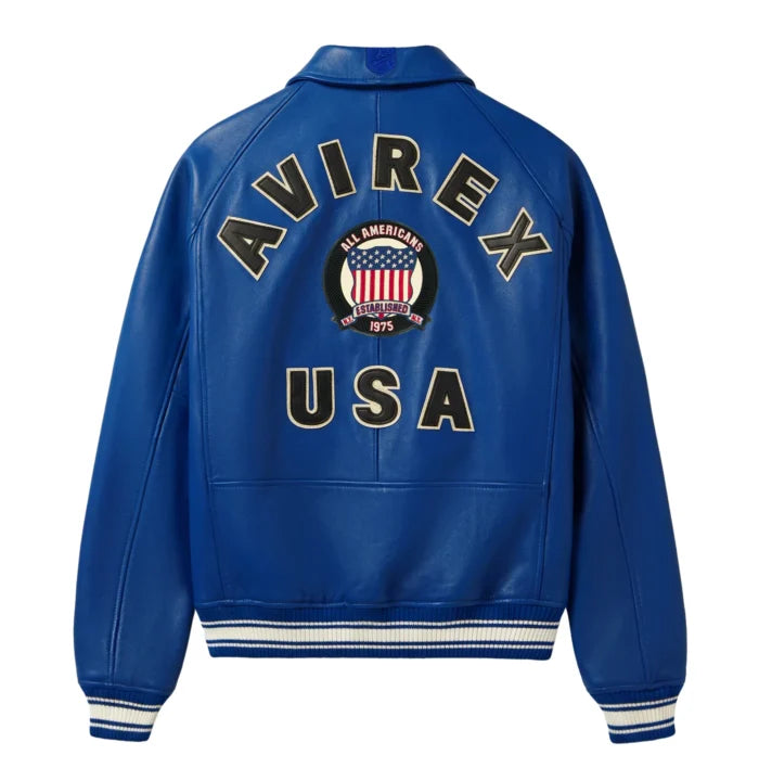 Back view of Avirex blue leather bomber with oversized AVIREX lettering, All Americans crest and USA appliqué