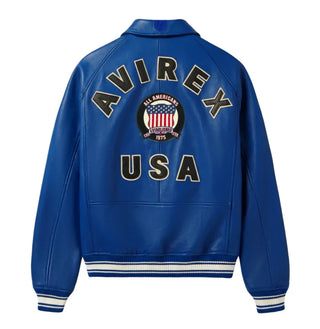 Back view of Avirex blue leather bomber with oversized AVIREX lettering, All Americans crest and USA appliqué