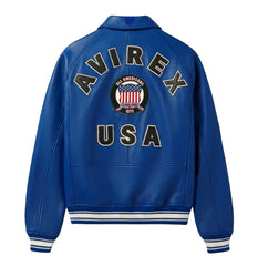 Back view of Avirex blue leather bomber with oversized AVIREX lettering, All Americans crest and USA appliqué