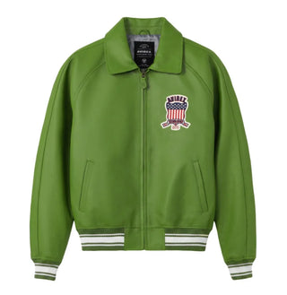 Avirex men’s green Icon leather bomber jacket front view with heritage chest patch, zip closure and striped rib-knit trims