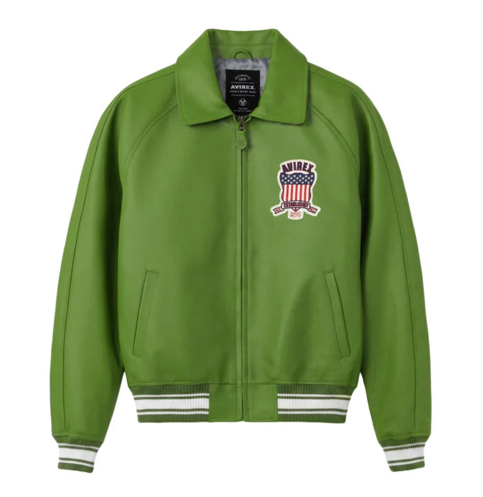 Avirex men’s green Icon leather bomber jacket front view with heritage chest patch, zip closure and striped rib-knit trims