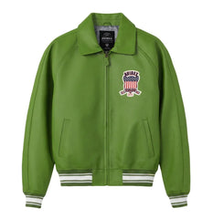 Avirex men’s green Icon leather bomber jacket front view with heritage chest patch, zip closure and striped rib-knit trims