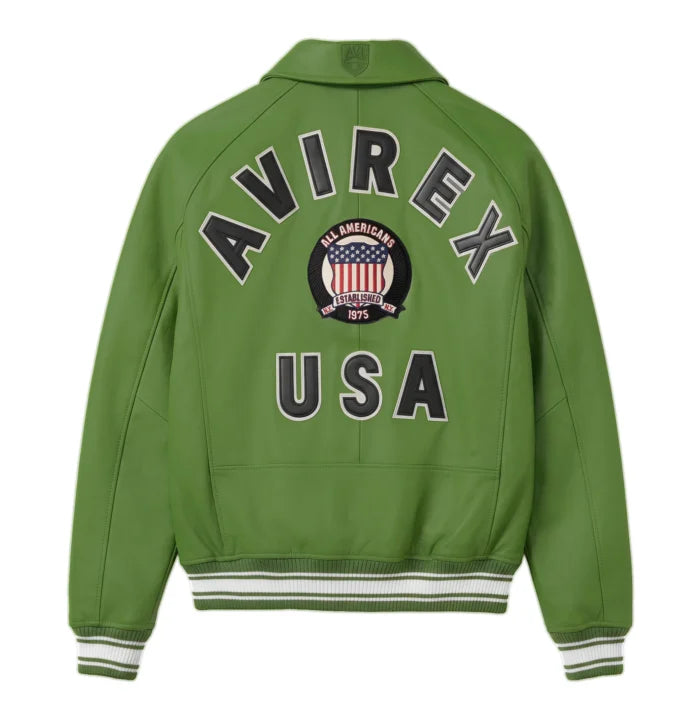 Back view of Avirex green leather bomber with oversized AVIREX lettering, All Americans crest and USA appliqué