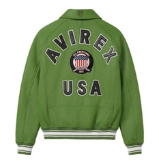 Back view of Avirex green leather bomber with oversized AVIREX lettering, All Americans crest and USA appliqué