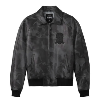 Front view of Avirex men’s grey black camo leather bomber with zip closure, tonal chest patch and black rib-knit trims