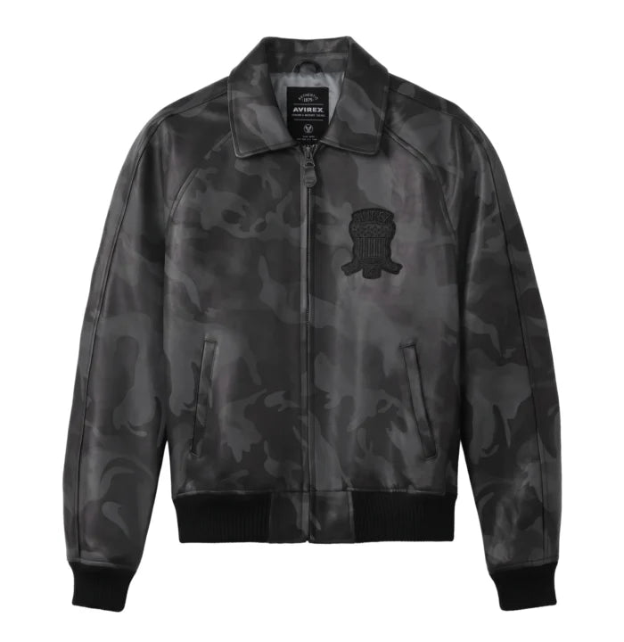 Front view of Avirex men’s grey black camo leather bomber with zip closure, tonal chest patch and black rib-knit trims