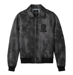 Front view of Avirex men’s grey black camo leather bomber with zip closure, tonal chest patch and black rib-knit trims