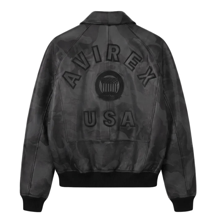 Back view of Avirex men’s grey black camo leather bomber with tonal AVIREX lettering, heritage crest and USA detail