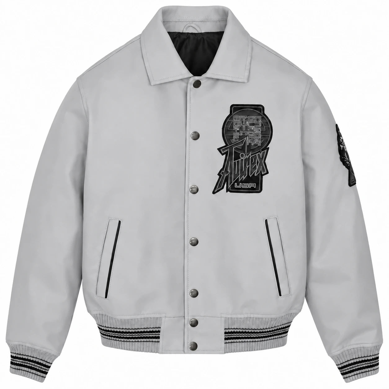 Front view of Avirex grey leather varsity jacket with snap-button closure, chest graphic, vertical pockets and striped trims