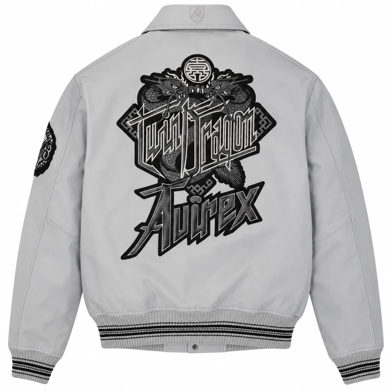 Full rear view of Avirex grey leather varsity bomber with large Twin Dragon artwork and grey-black striped rib-knit waistband