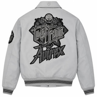 Full rear view of Avirex grey leather varsity bomber with large Twin Dragon artwork and grey-black striped rib-knit waistband