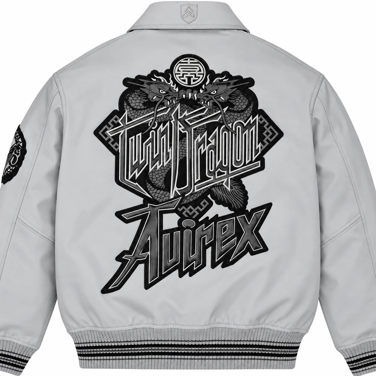 Close-up back view of grey Avirex leather jacket showing oversized black Twin Dragon graphic artwork and Avirex lettering