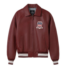Front view of Avirex men’s maroon leather bomber with heritage chest shield, full zip and striped rib-knit trims