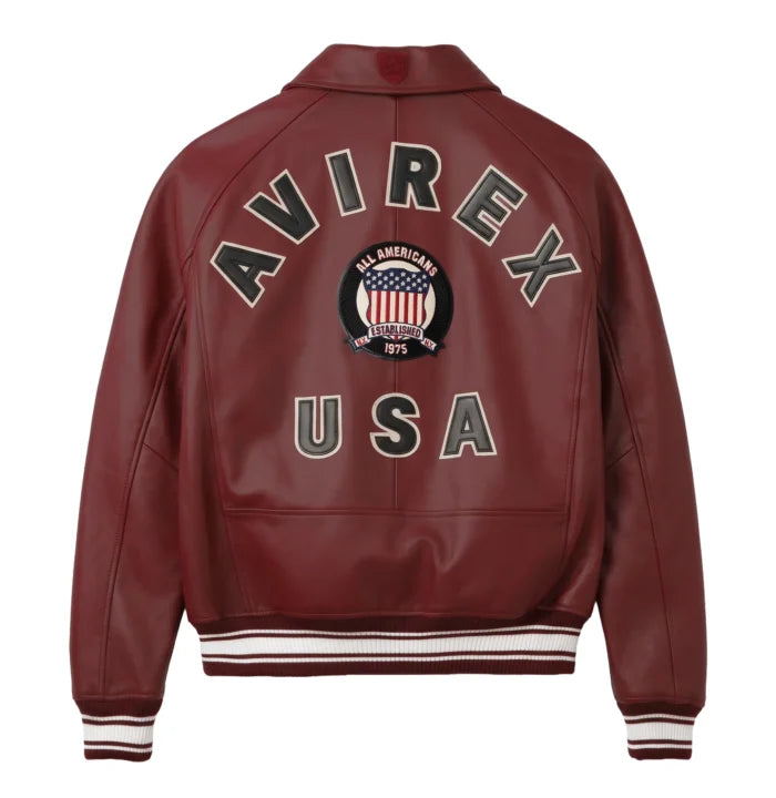 Back view of Avirex maroon leather jacket with oversized AVIREX lettering, All Americans crest and USA detail
