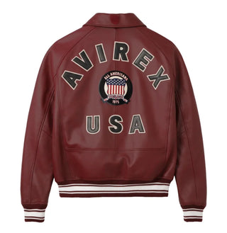 Back view of Avirex maroon leather jacket with oversized AVIREX lettering, All Americans crest and USA detail