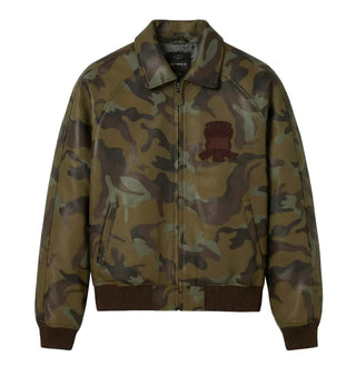 Front view of Avirex men’s olive camouflage leather varsity bomber with tonal chest patch and dark brown rib-knit trims