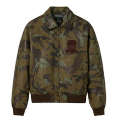 Front view of Avirex men’s olive camouflage leather varsity bomber with tonal chest patch and dark brown rib-knit trims