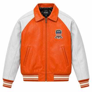 Front view of Avirex men’s orange white leather varsity bomber with zip closure, chest shield patch and striped rib trims