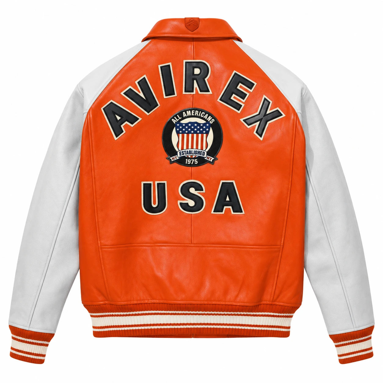Full back view of Avirex men’s orange white leather bomber with AVIREX USA graphics and striped rib-knit waistband