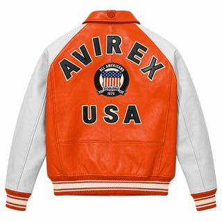 Full back view of Avirex men’s orange white leather bomber with AVIREX USA graphics and striped rib-knit waistband
