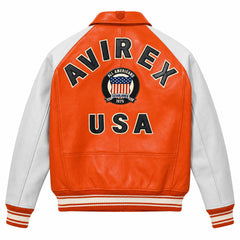 Full back view of Avirex men’s orange white leather bomber with AVIREX USA graphics and striped rib-knit waistband