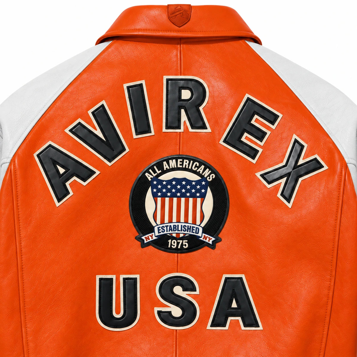 Close-up back view of Avirex orange white leather jacket showing black AVIREX lettering, American crest and USA appliqué