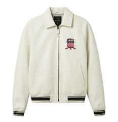 Avirex men’s white Icon leather bomber front view with heritage chest shield, front zip and black-striped rib-knit trims