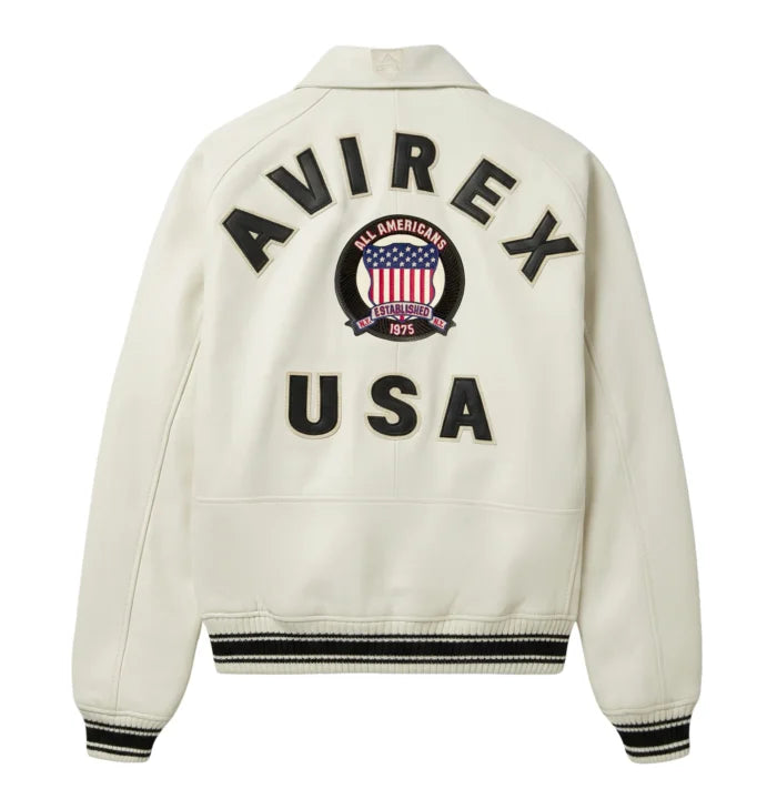 Back view of Avirex white leather bomber with black AVIREX lettering, All Americans crest and USA appliqué
