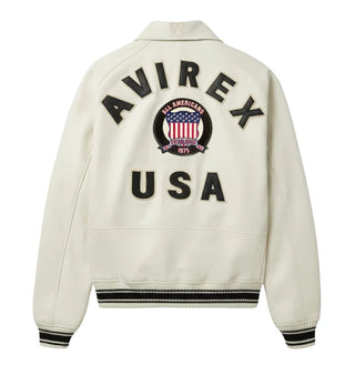 Back view of Avirex white leather bomber with black AVIREX lettering, All Americans crest and USA appliqué