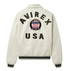 Back view of Avirex white leather bomber with black AVIREX lettering, All Americans crest and USA appliqué