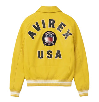 Back view of Avirex yellow leather bomber with oversized AVIREX lettering, All Americans crest and USA detail