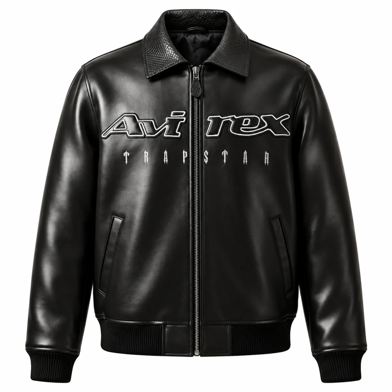 Front view of black Avirex x Trapstar leather bomber with zip closure, chest branding and textured collar