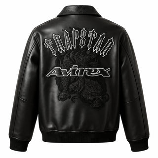Back view of black Avirex Trapstar leather bomber with oversized Trapstar and Avirex graphics
