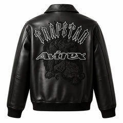 Back view of black Avirex Trapstar leather bomber with oversized Trapstar and Avirex graphics