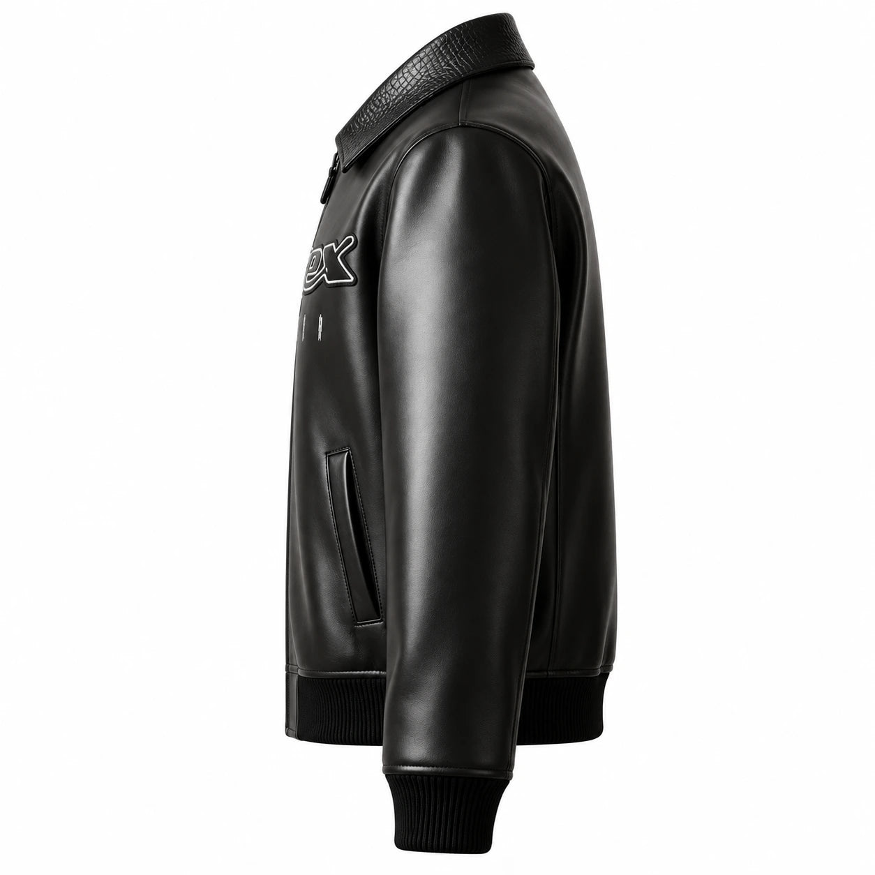 Side view of black Avirex x Trapstar lambskin leather bomber jacket with rib-knit cuff and welt pocket