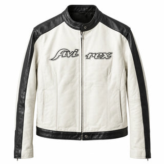 Front view of Avirex white and black genuine leather biker jacket