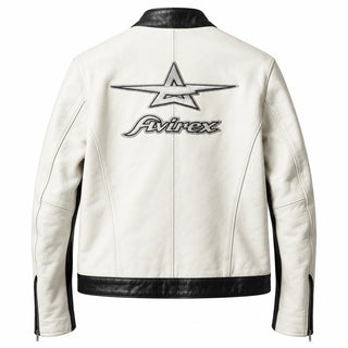 Back view of Avirex white and black leather biker jacket with logo