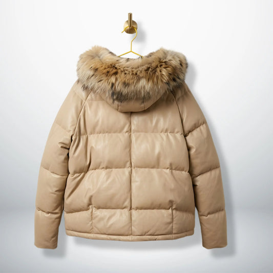 Back view of beige leather puffer coat showing large fur‑trim hood.